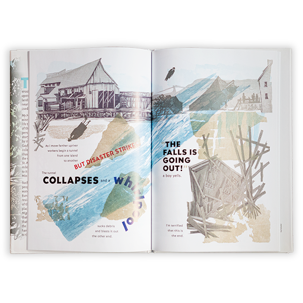 My Mighty Journey interior spread, the collapse of the waterfall