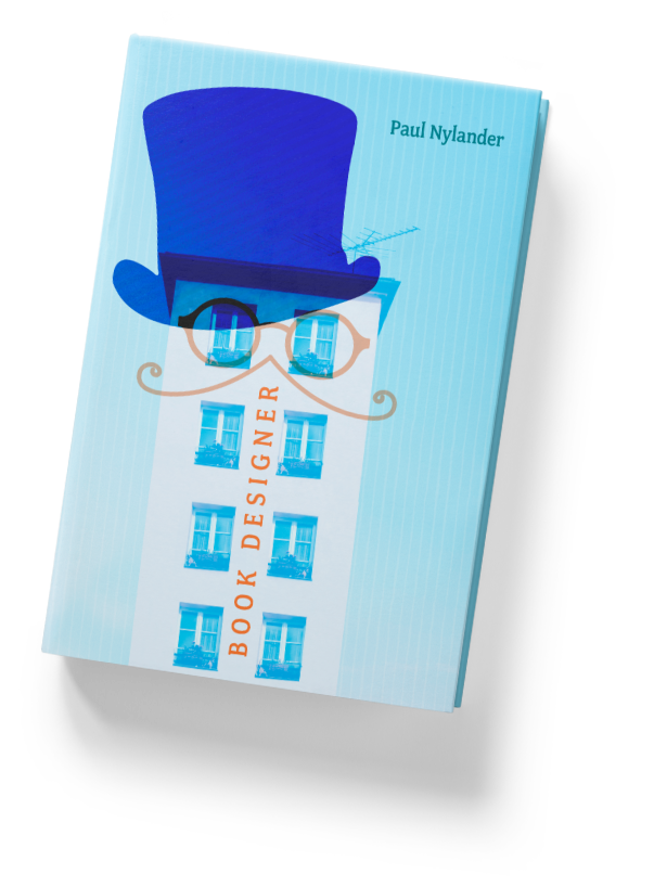 A hardcover book featuring a narrow building orange glasses and a mustache, wearing a top hat with "book designer" written vertically