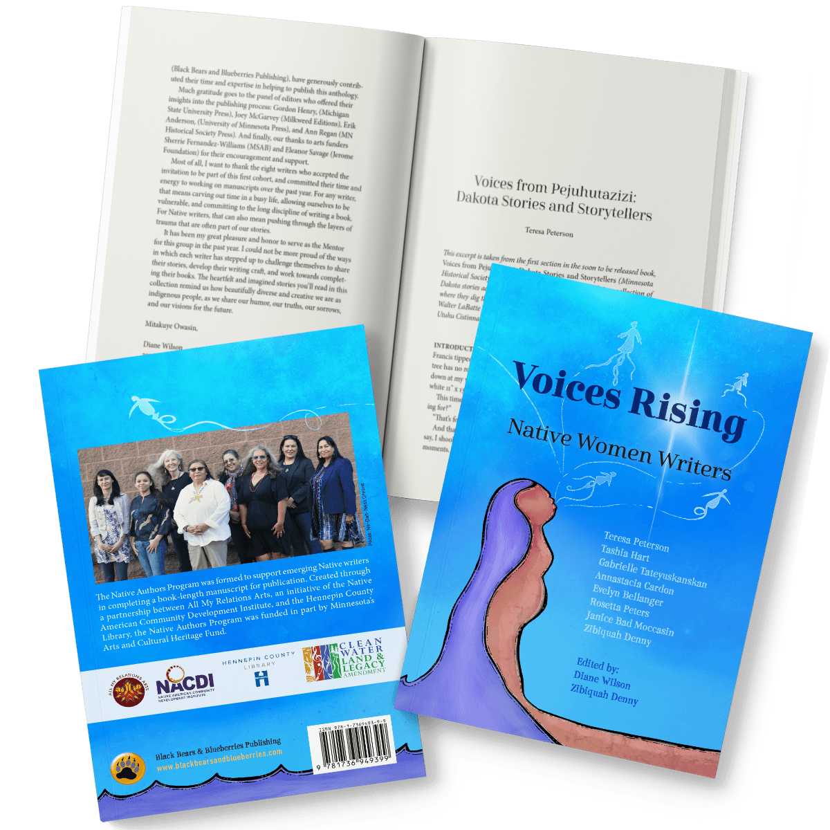 Voices Rising showing front and back covers, and an interior spread