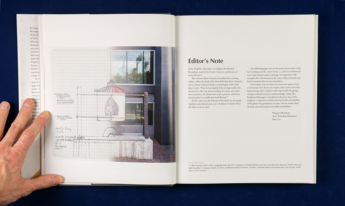 Image facing the editors note featuring a superposition of hand drawn concept and a photograph of the final sculpture