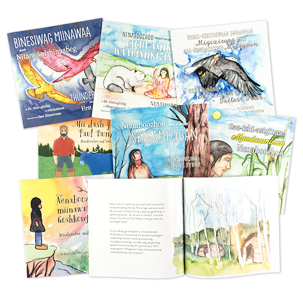 The seven covers of the Nenaboozhoo Series, featuring a variety of colors and styles, and one interior spread showing latercolor birch trees