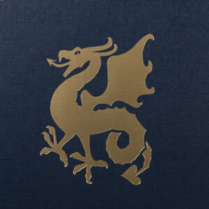 Gold foil stamped dragon on dark blue background