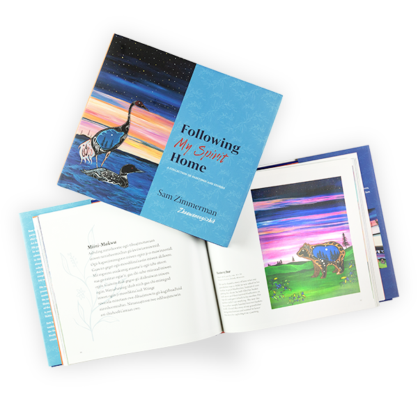 Featuring Zimmerman's painted crane and loon, the book cover and open interior spread are colorful