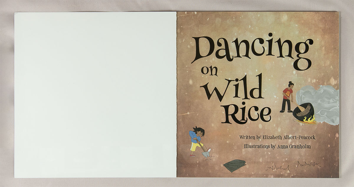 Title page showing "Dancing in Wild Rice" in a playful typeface, with small illustrations pulled from the book.