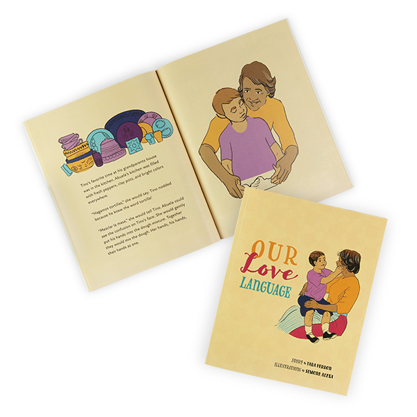 The book cover features a mexican grandmother and her yound grandson in her lap. Inside the book, the two are working to make tortillas and a color assortment of illustrated kitchen jars are in the background.