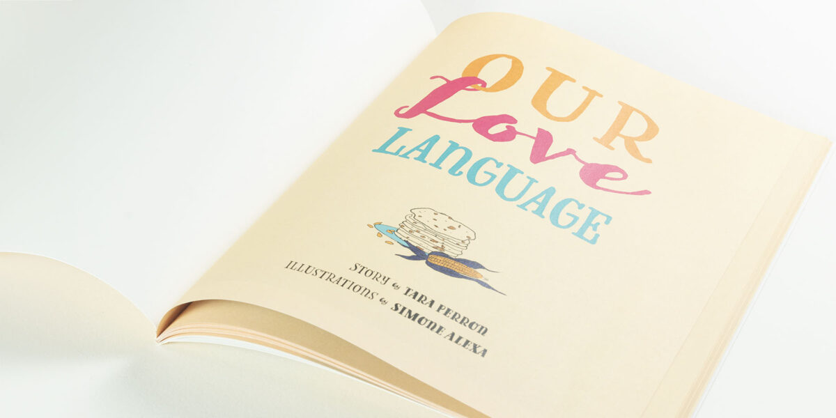 "Our Love Language" title page, written in hand-styled font and featuring an illustration of corn tortillas.