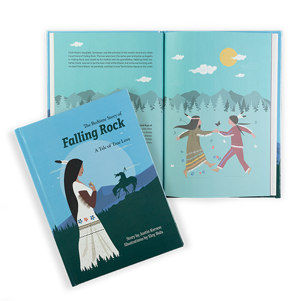 The "Falling Rock" cover and sample interior spread. The cover features an illustrated native woman with a feather in her hair and silhouettes of pine trees at the bottom of her white dress. In the background is the silhouette of a fallen warrior in front of purple mountains.