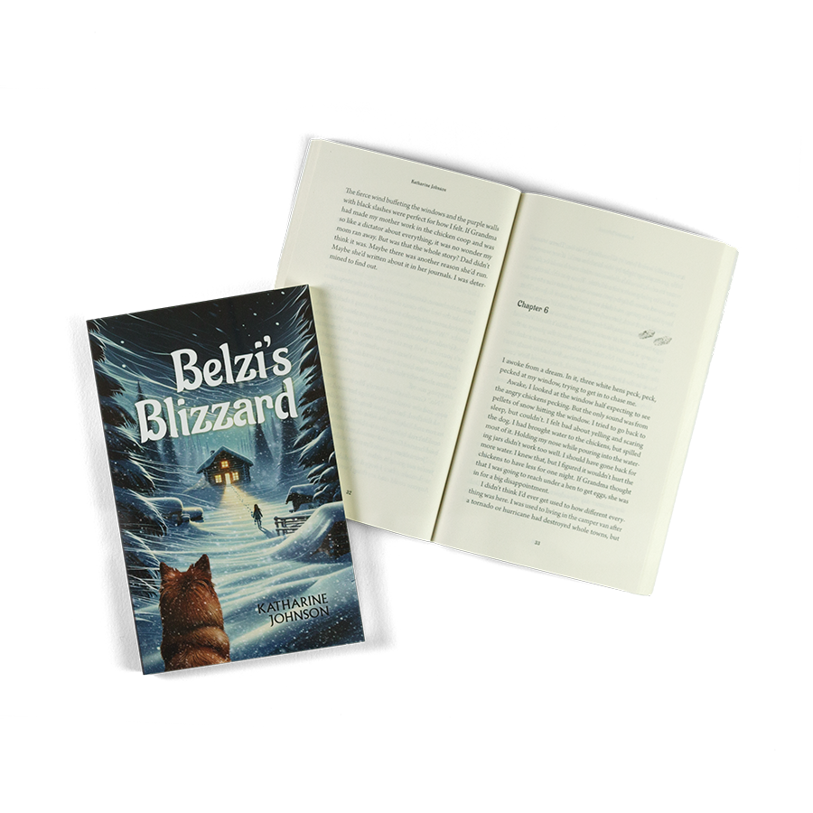 The cover of "Belzi's Blizzard" showing a reddish brown Finnish Spitz in the snow facing toward the distance where a cabin sits in the snow, with the silhouette of a girl walking out through the snow.