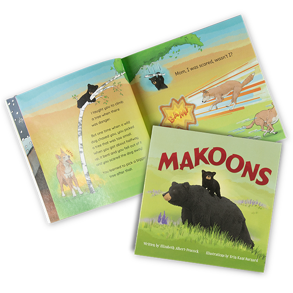 The Makoons cover with a illustration of a black bear with her cub riding on her back.