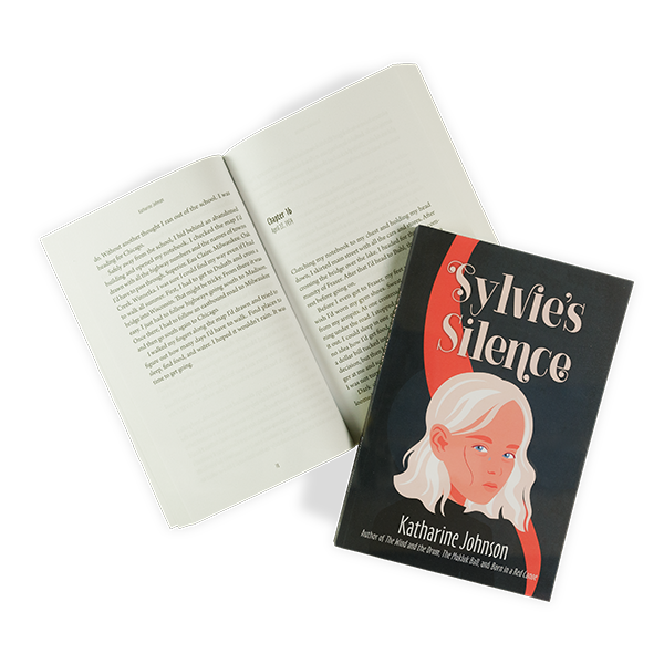 Cover and a sample interior spread of "Sylvie's Silence." Cover features a stylized illustrated girl with blue eyes and shoulder-length blonde hair, with a harsh scar running the length of her right cheek, and a small tear coming from her right eye.