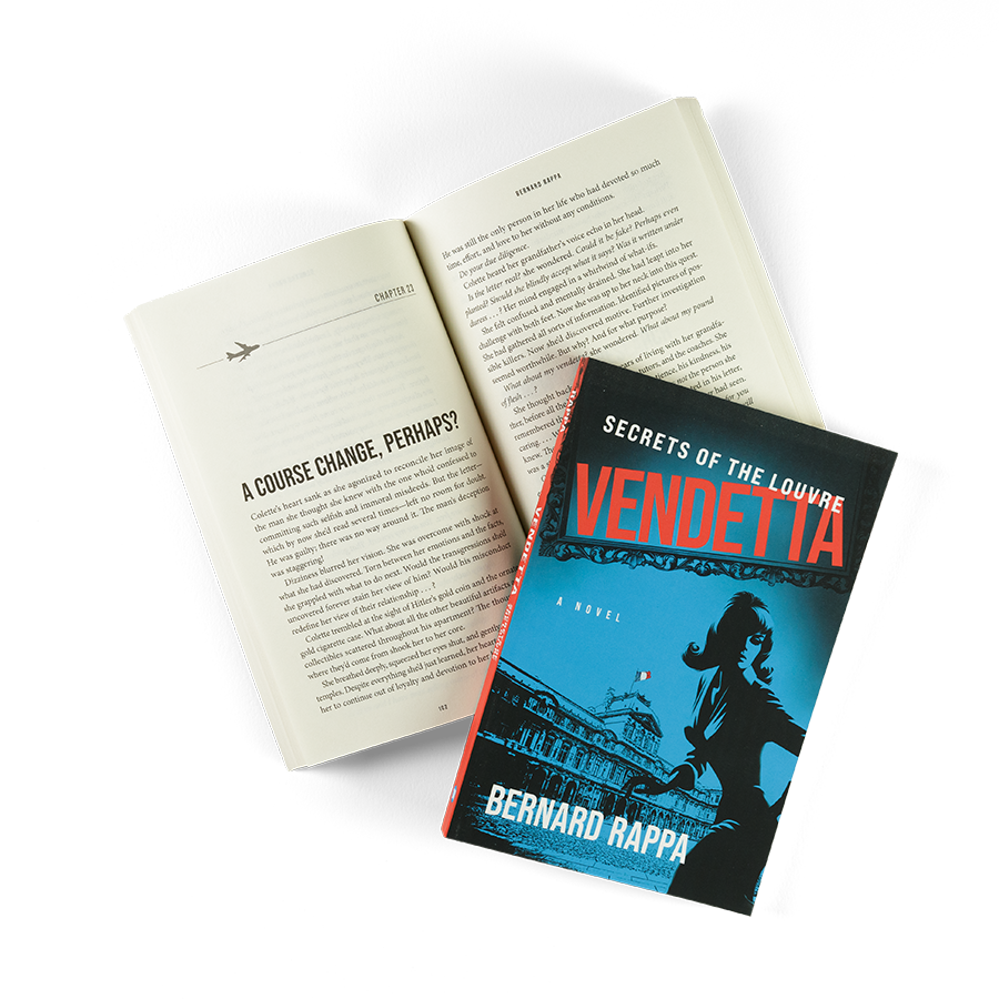 Cover of "Vendetta" with an illustrated silhouetted woman in front of a noir stylized view of the Louvre, the French flag proudly flying above.