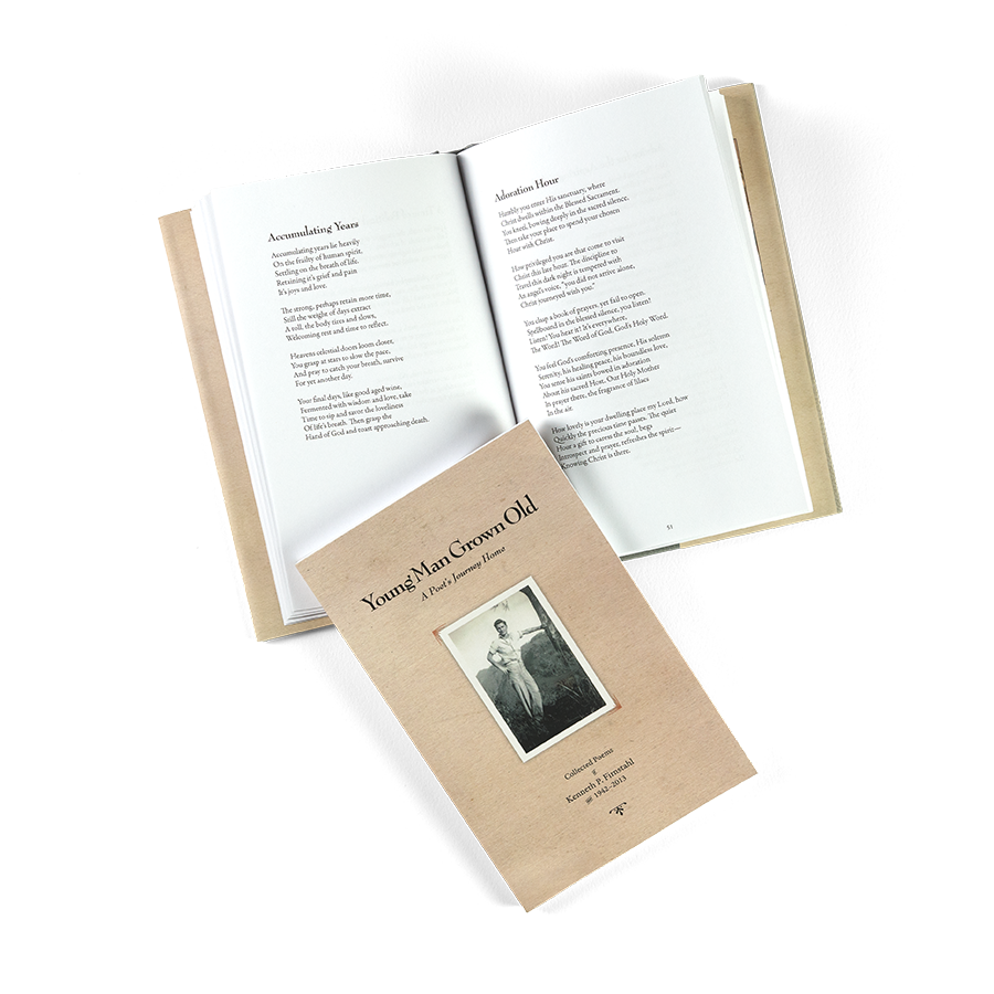 Cover and sample interior spread of the hardcover version of "Young Man Grown Old." Cover features a small old photo of a young man arm outstretched to lean on a tree.