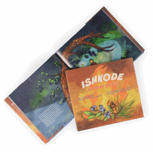 A sample interior spread of the book is shown with a sweeping red pine, shown under a cover featuring the title “Ishkode: A Story of Fire."