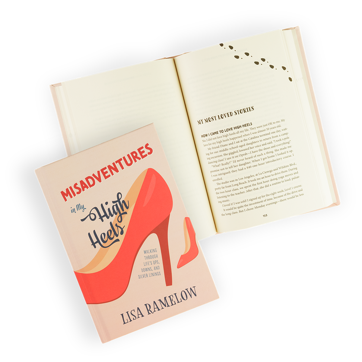 The cover laying on a open spread of “Midadventures in My High Heels.” Cover features a prominent illustration of a red high-heeled shoe, while the interior shows high-heeled footprints.